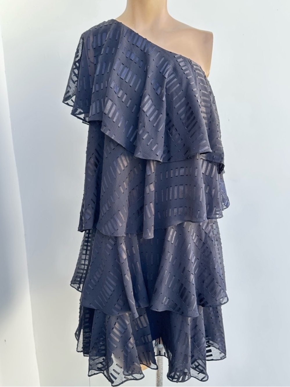 CeCe One-Shoulder Flowy Tiered Ruffle Black Evening Dress